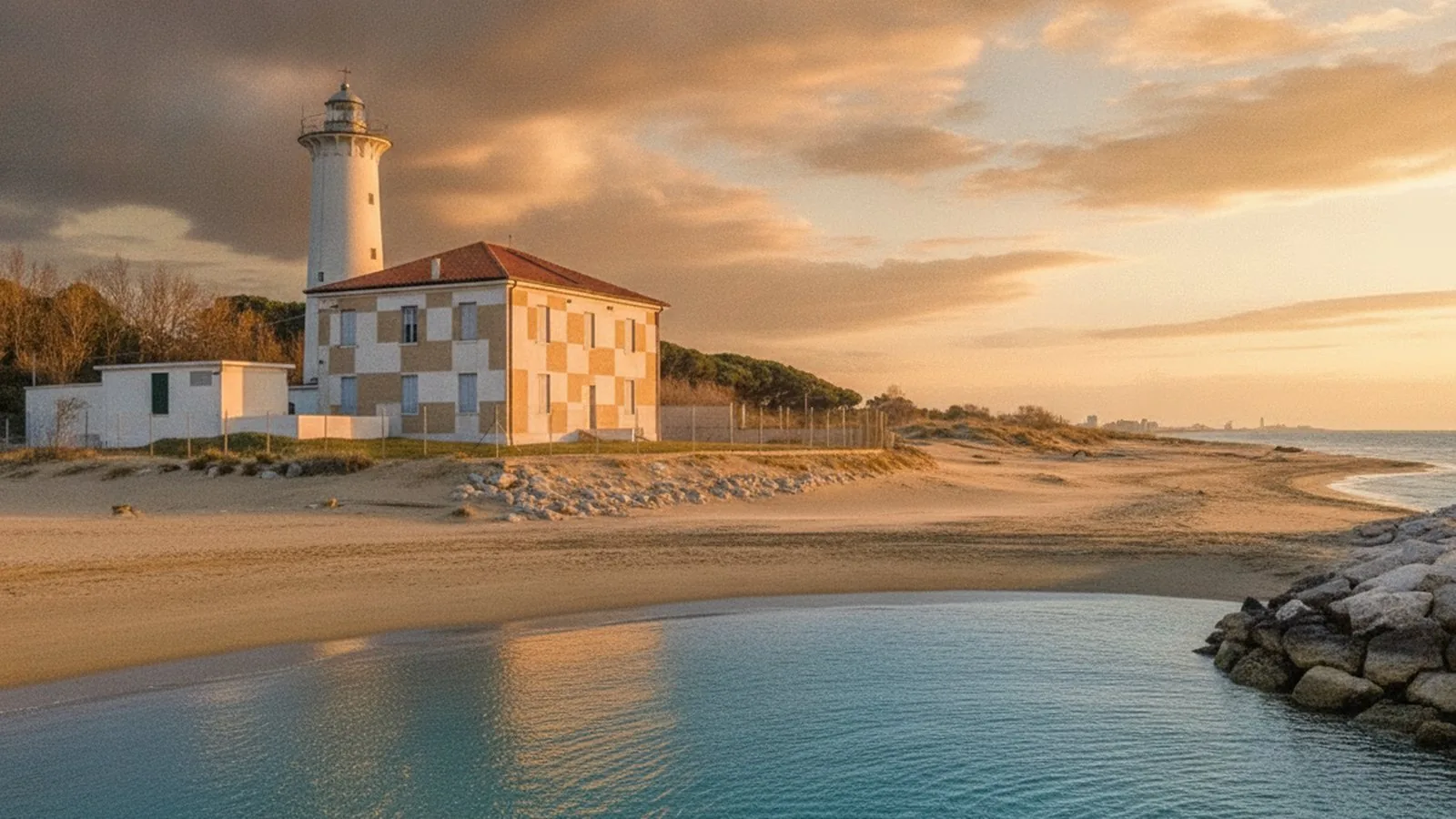 La spiaggia e il faro di Bibione alla foce del Tagliamento